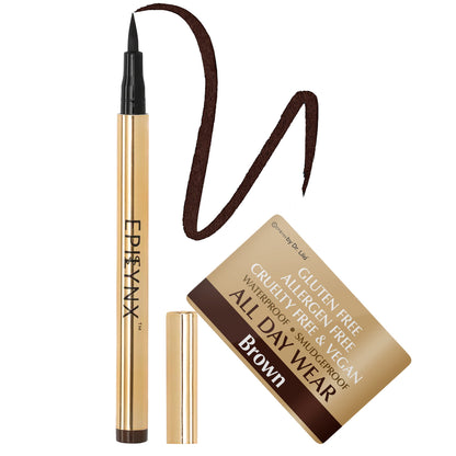 EpiLynx waterproof liquid eyeliner pen in brown with matte and shimmer shades, featuring precise, smudge-proof application.