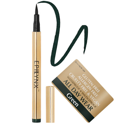 EpiLynx waterproof liquid eyeliner pen with matte and shimmer shades, vegan, gluten-free, and smudge-proof, shown in green color.