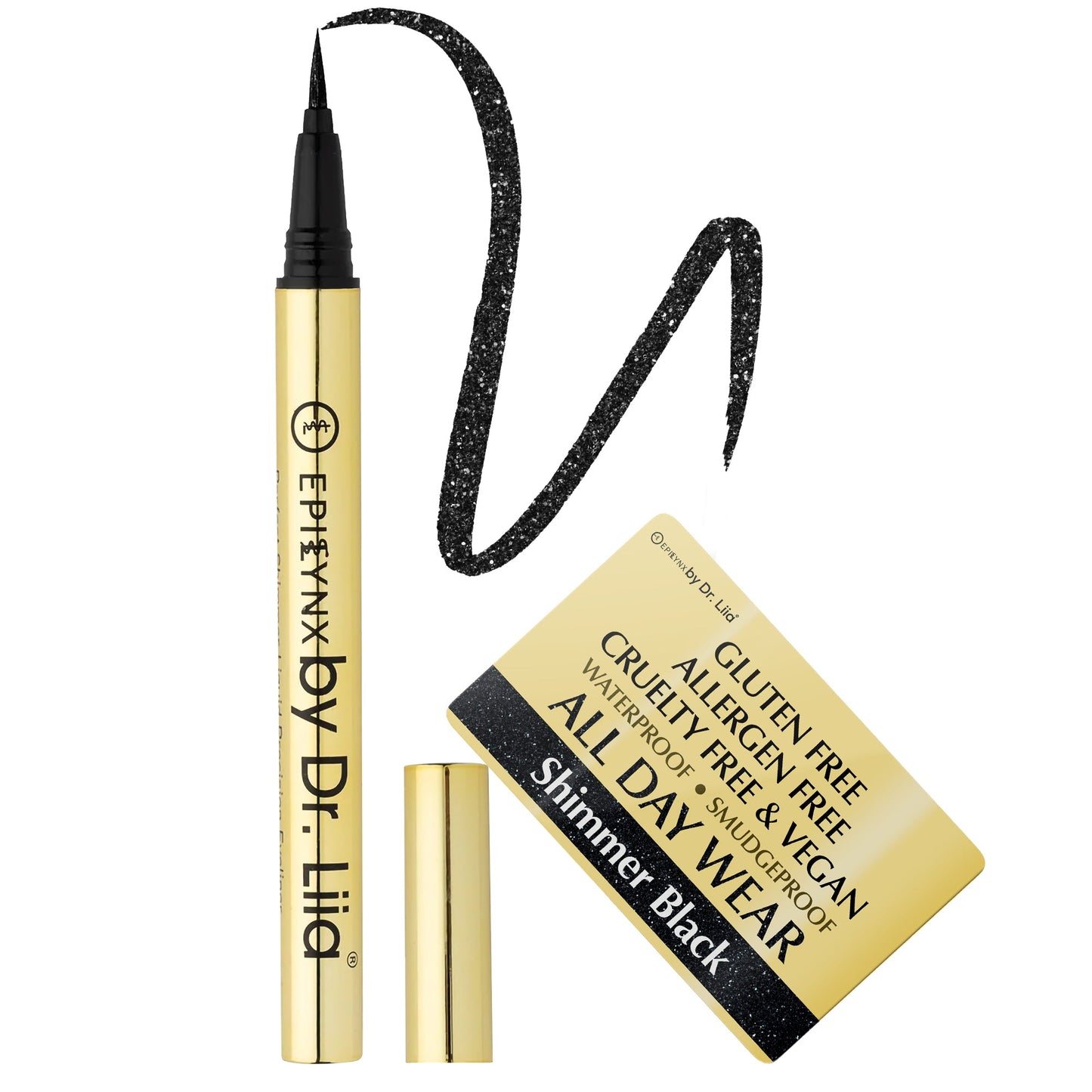 EpiLynx waterproof liquid eyeliner pen in shimmer black with precise tip, vegan and smudge-proof, matte and shimmer shades.