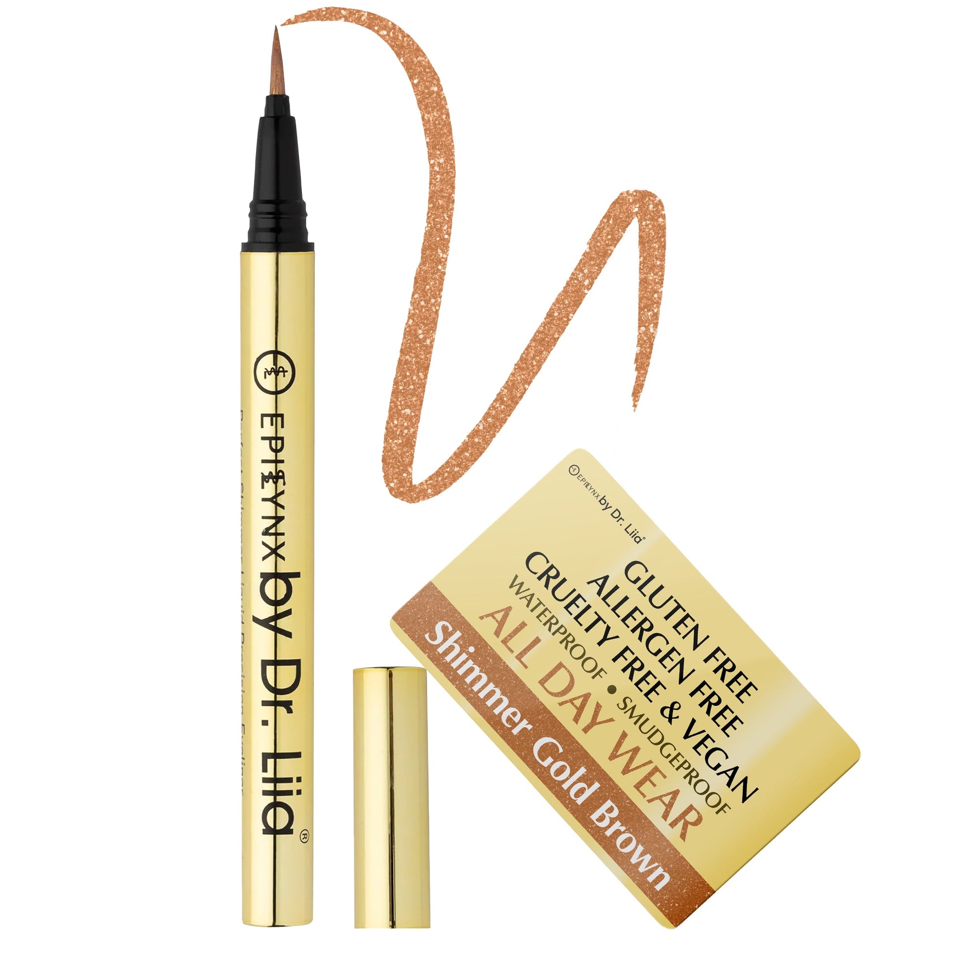 EpiLynx waterproof liquid eyeliner pen in shimmer gold and brown shades, featuring precise, smudge-proof application.