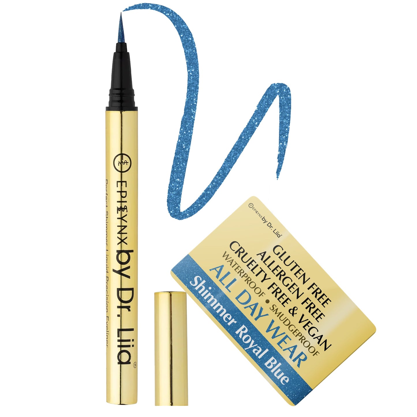 EpiLynx waterproof liquid eyeliner pen in shimmer royal blue, vegan and smudge-proof with precise matte and shimmer finish.