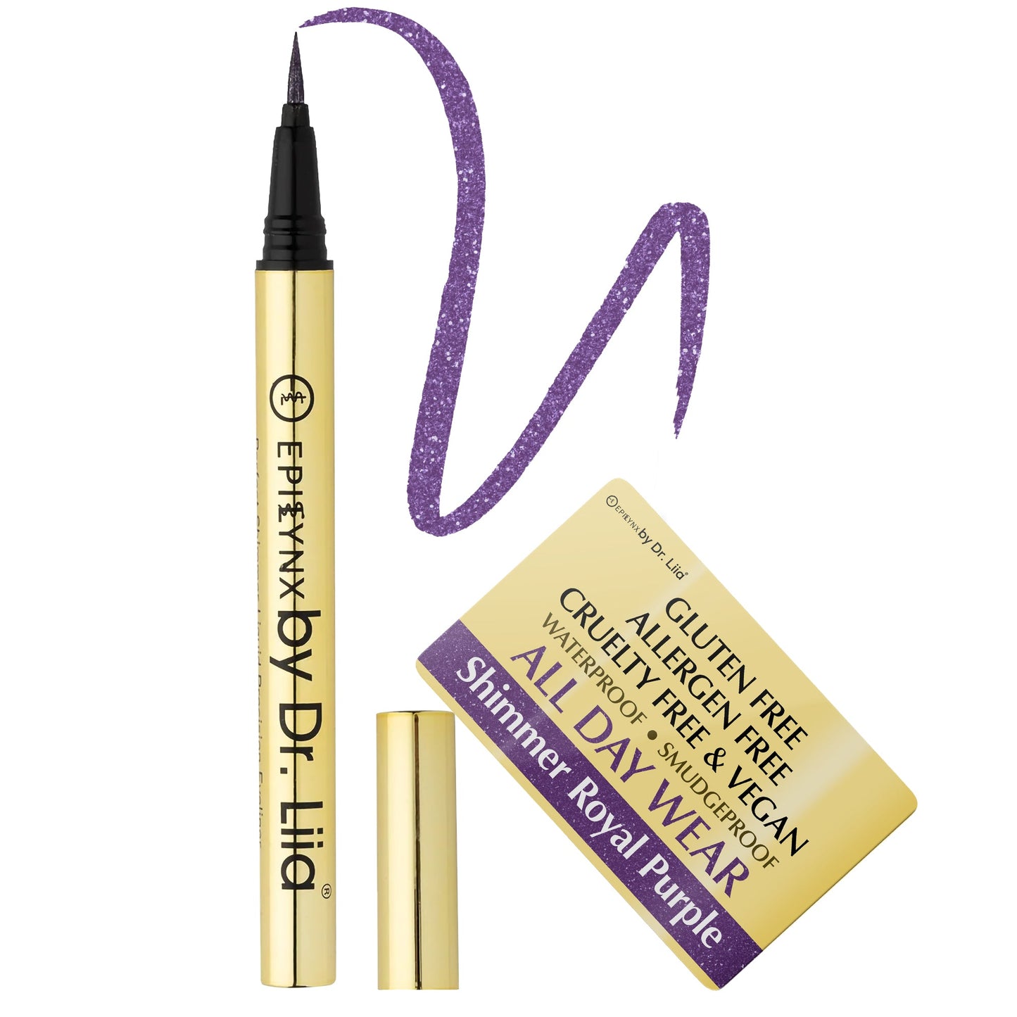 EpiLynx waterproof liquid eyeliner pen in shimmering royal purple with precise, smudge-proof application for bold eye looks.