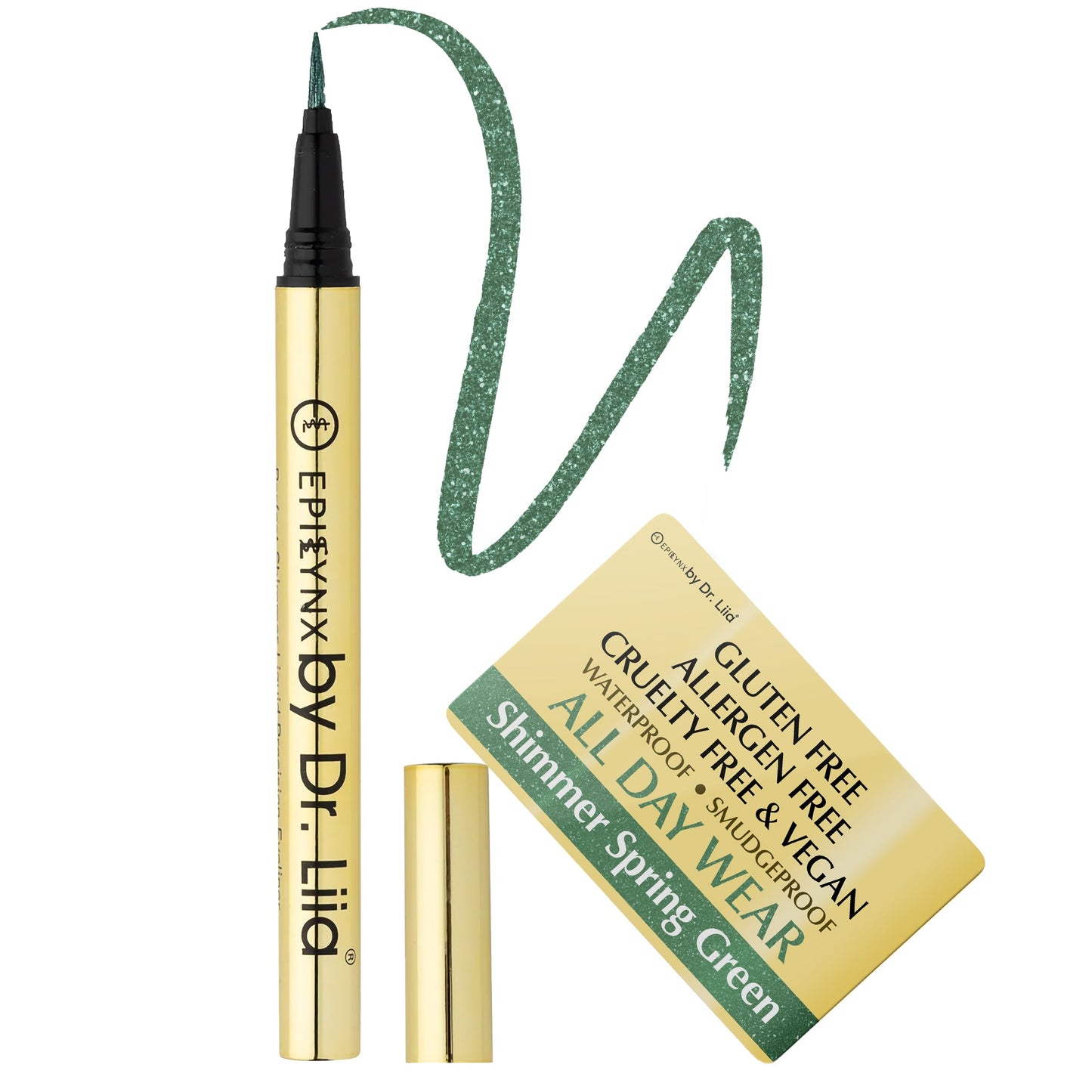 EpiLynx waterproof liquid eyeliner pen with shimmer spring green shade, precision tip, vegan and smudge-proof for eye makeup.