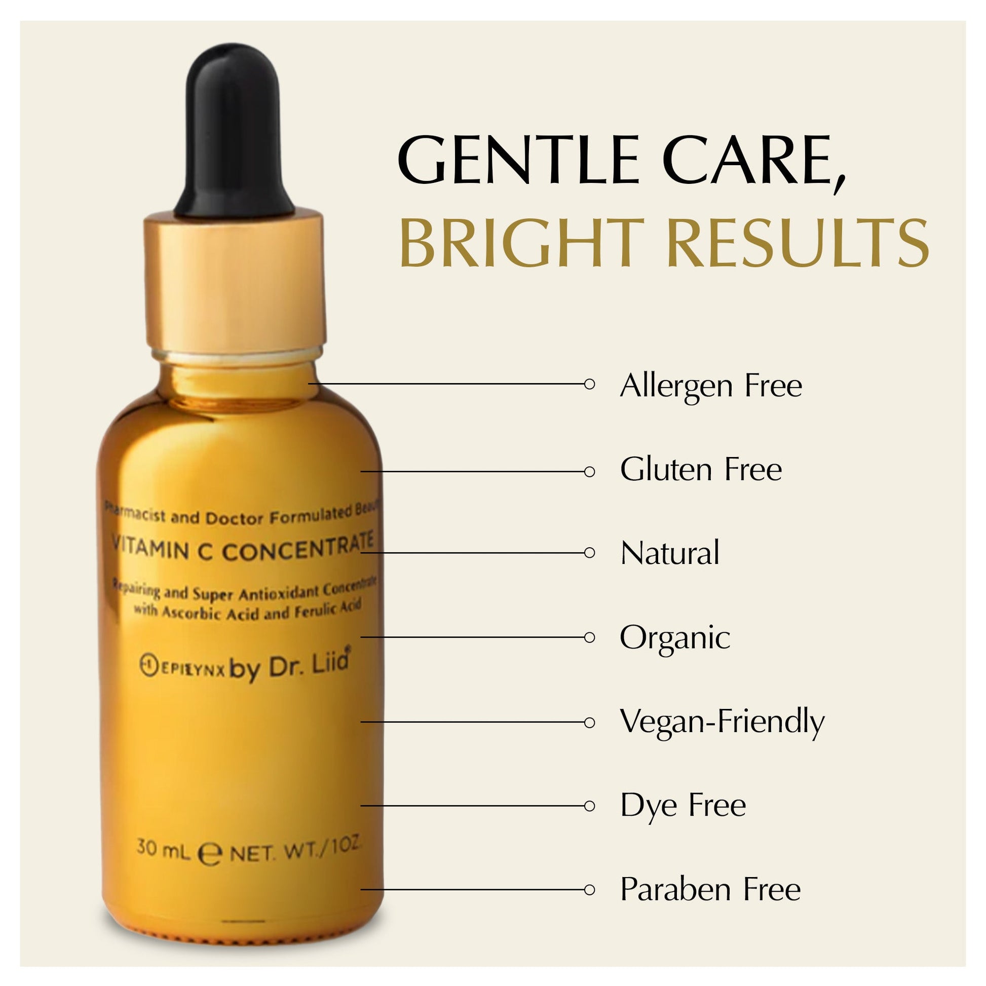 EpiLynx Brightening Vitamin C Glow Serum for sensitive, dry skin, featuring a clear glass bottle and dropper applicator.