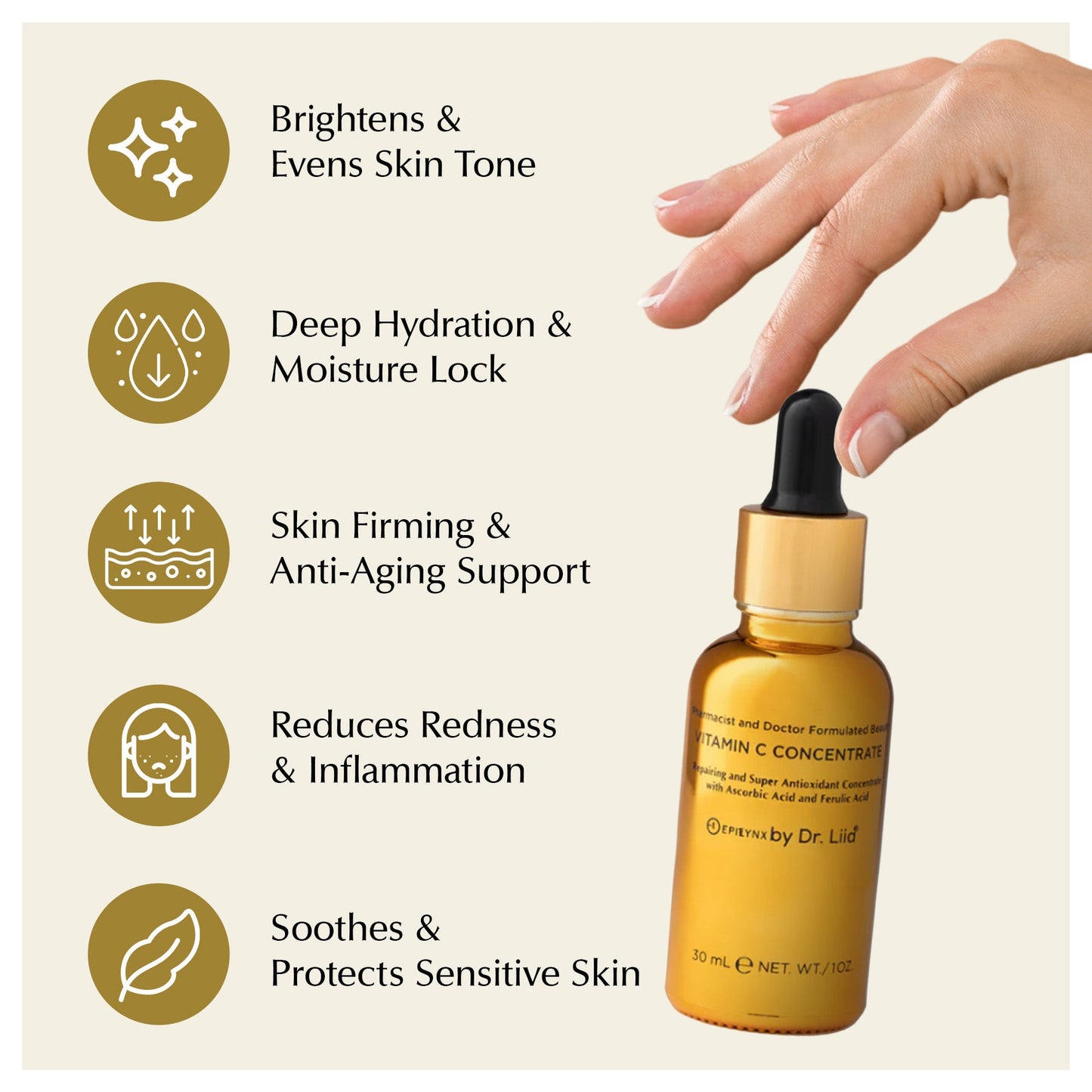 EpiLynx Brightening Vitamin C Glow Serum for sensitive and dry skin, vegan, fragrance-free face serum with anti-aging properties.