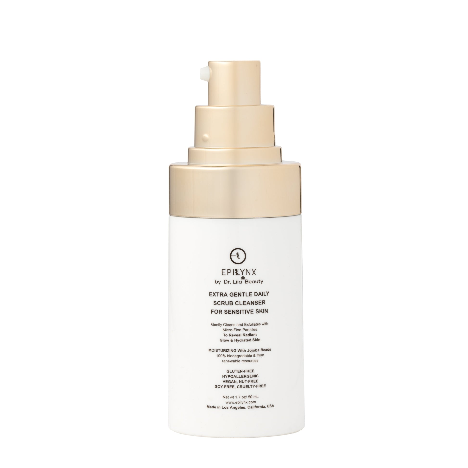 EpiLynx gentle exfoliating face cleanser with hyaluronic acid, aloe vera, and biodegradable jojoba beads, showing the product bottle.