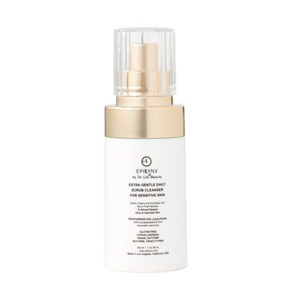EpiLynx gentle exfoliating face cleanser with hyaluronic acid, aloe vera, and biodegradable jojoba beads in a front-cap bottle.