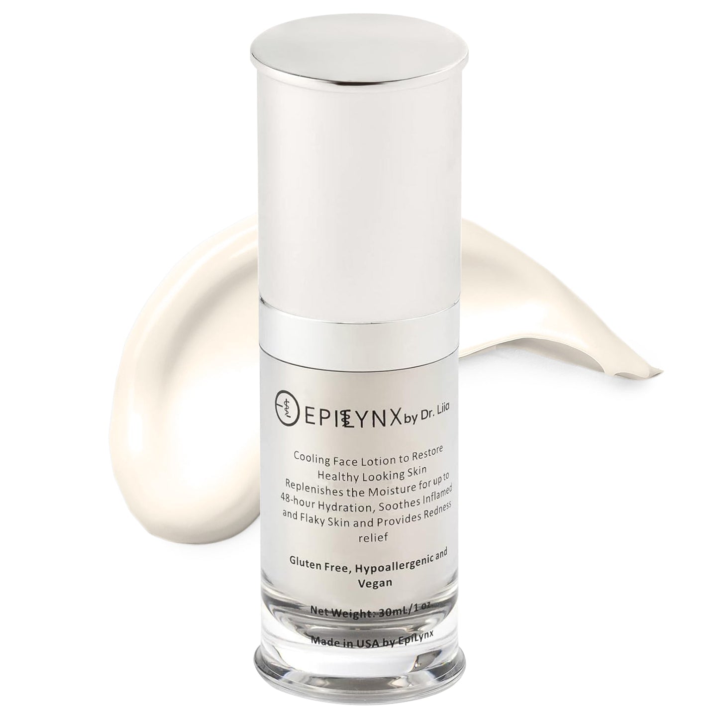 EpiLynx lightweight face moisturizer serum for sensitive and dry skin, with calming and hydrating properties, in a clear bottle.