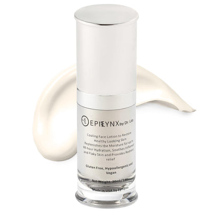 EpiLynx lightweight face moisturizer serum for sensitive and dry skin, with calming and hydrating properties, in a clear bottle.