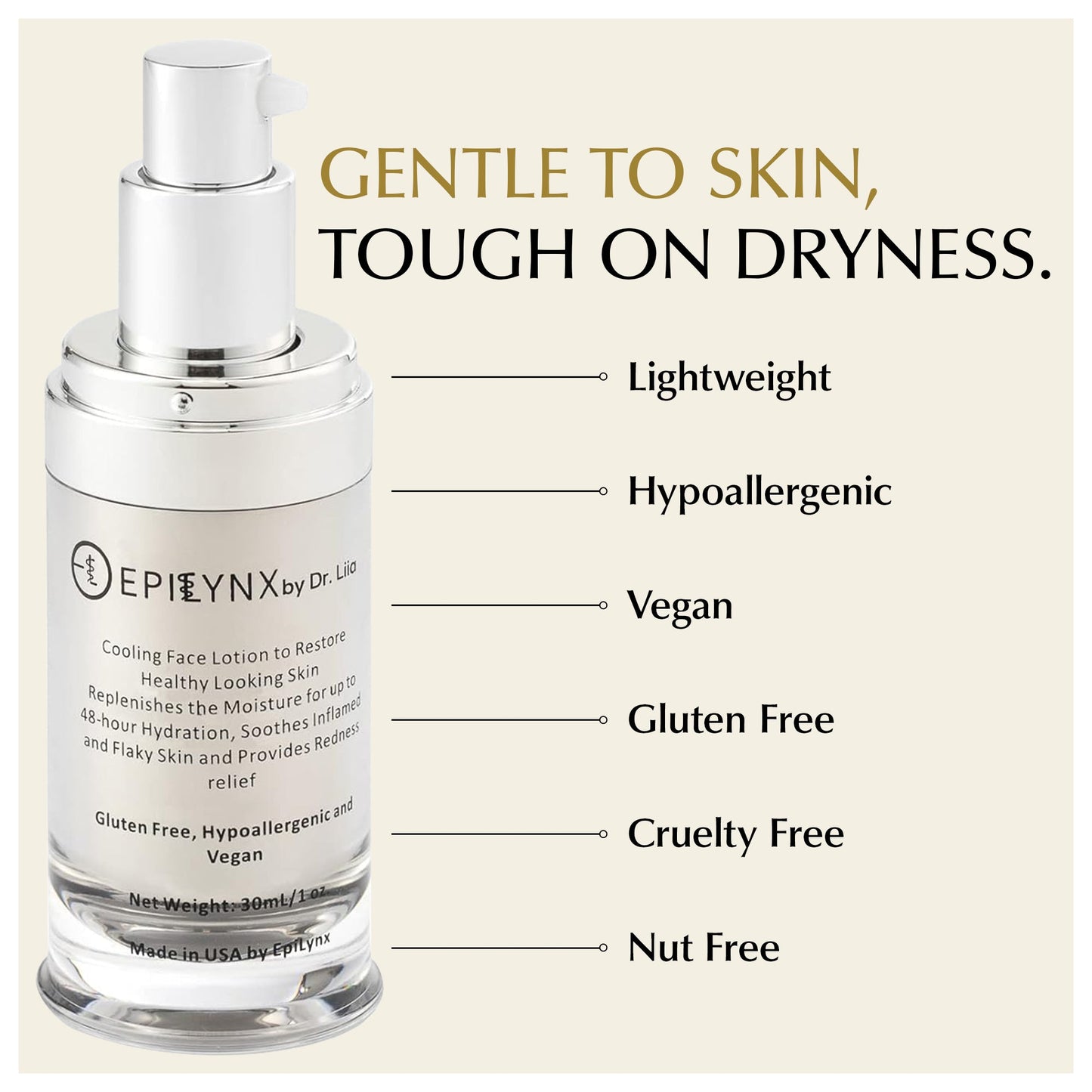 EpiLynx lightweight face moisturizer serum for sensitive and dry skin, with calming and hydrating properties, in a clear jar.