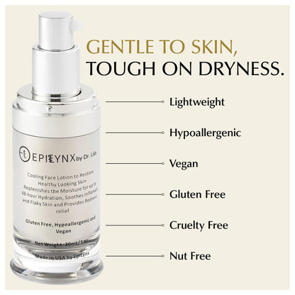 EpiLynx lightweight face moisturizer serum for sensitive and dry skin, with calming and hydrating properties, in a clear jar.