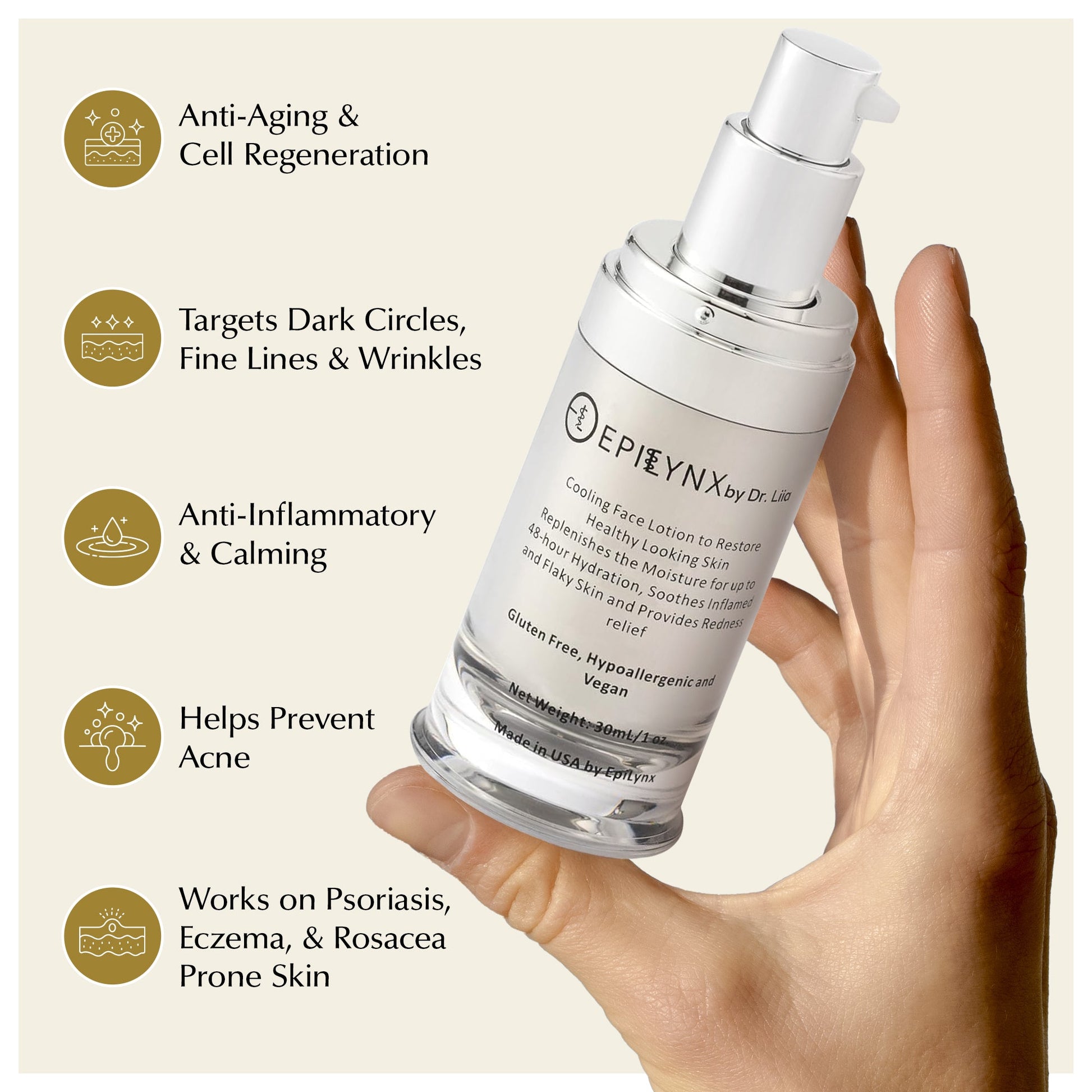 EpiLynx lightweight face moisturizer serum for sensitive and dry skin, with calming and hydrating properties, in a sleek bottle.