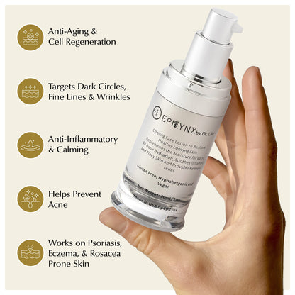 EpiLynx lightweight face moisturizer serum for sensitive and dry skin, with calming and hydrating properties, in a sleek bottle.
