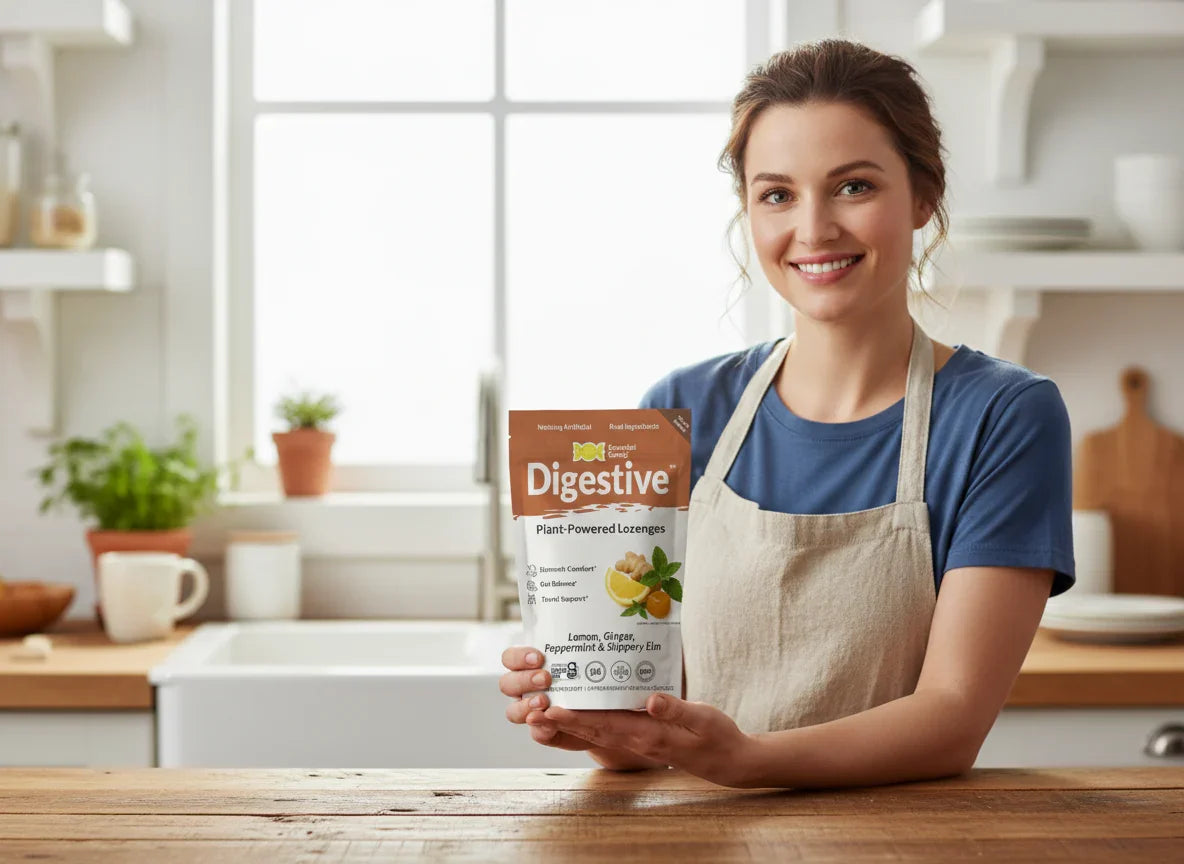Woman holding a bag of Essential Candy Digestive™ Botanical Lozenges in a kitchen setting, showcasing herbal supplement packaging.