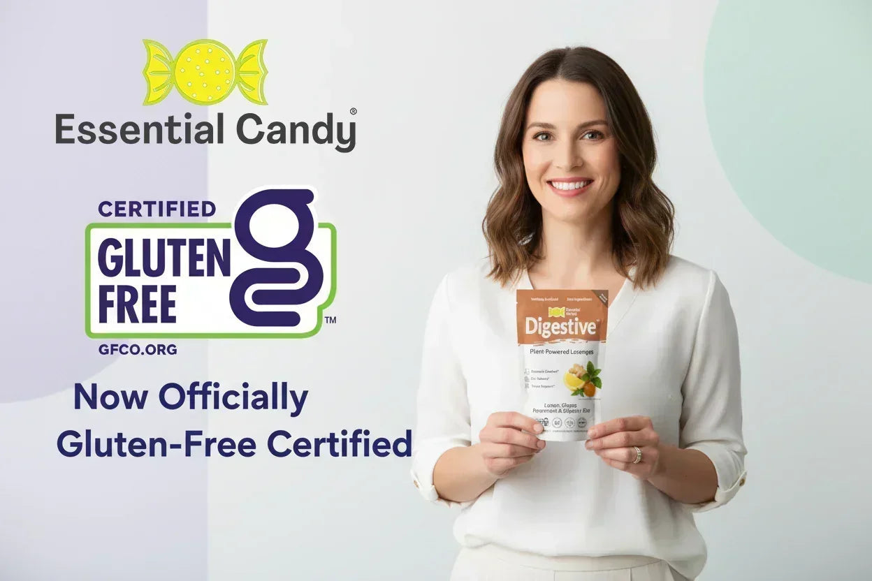 Essential Candy Uplifting botanical lozenges in a clear package, herbal supplement with natural ingredients for soothing relief.