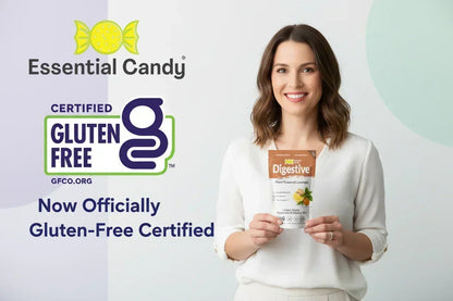 Essential Candy Uplifting botanical lozenges in a clear package, herbal supplement with natural ingredients for soothing relief.