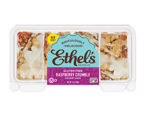 Ethel's Raspberry Crumble Bar by Ethels Baking Company, a golden-brown dessert bar with raspberry filling and crumb topping.
