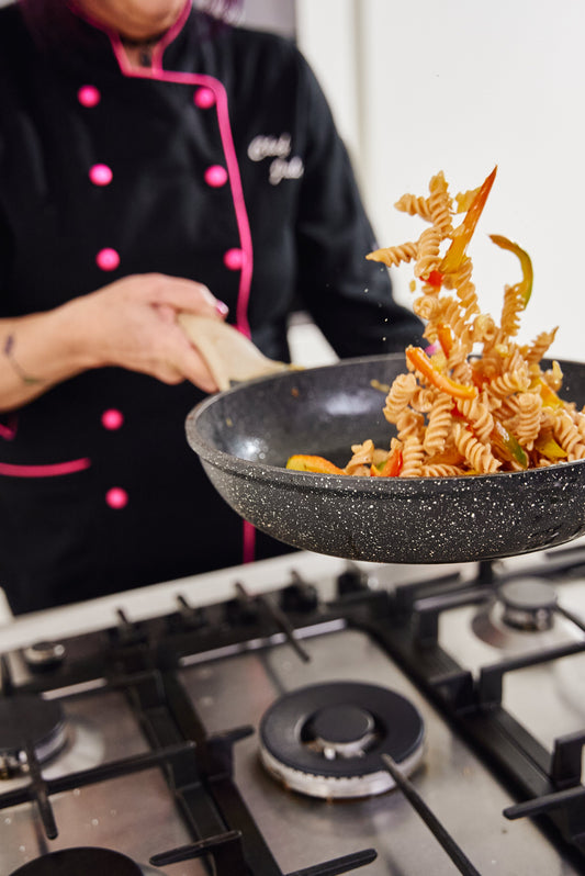 Three packs of Flower Chef Foods artisanal gluten-free high protein fusilli pasta on a white background.
