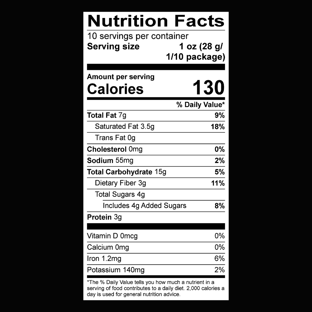 LÜME Cacao Almond Granola nutrition facts panel with serving size, calories, and nutrient information