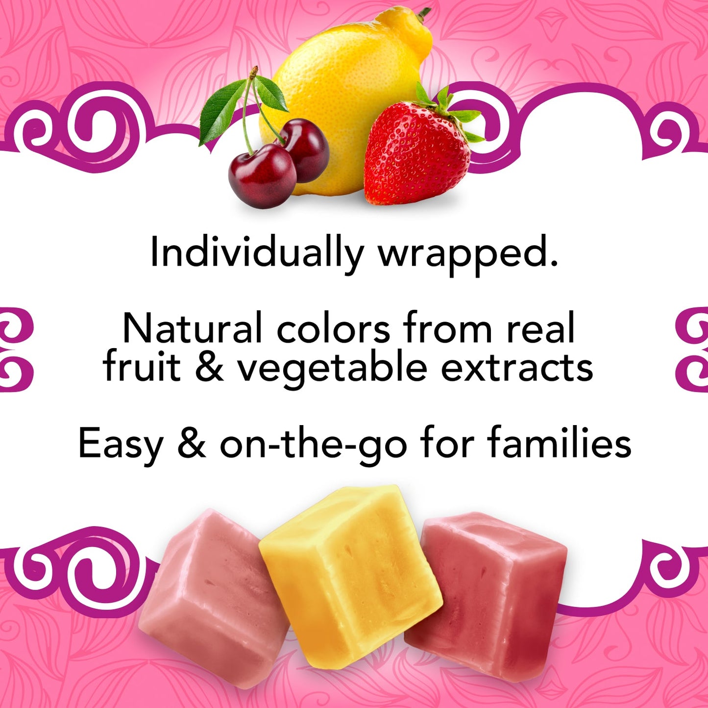 Organic fruit-flavored chewy candies from Lovely Candy Company, showcasing colorful, fruit-inspired organic candy pieces.