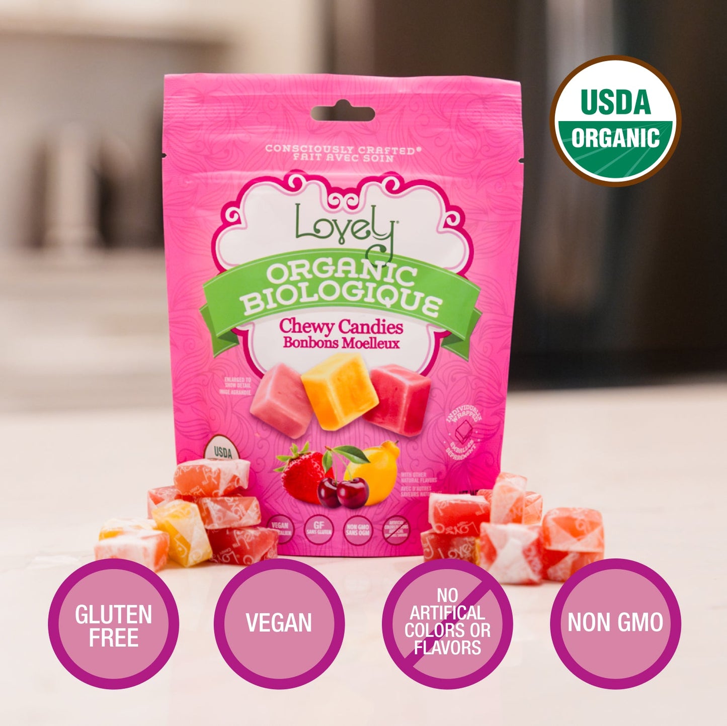 Organic Fruit Chewy Candies from Lovely Candy Company, colorful fruit-flavored organic chewy candies in a clear bag.