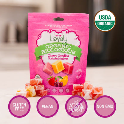 Organic Fruit Chewy Candies from Lovely Candy Company, colorful fruit-flavored organic chewy candies in a clear bag.