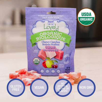 Organic sour chewy candies by Lovely Candy Company featuring colorful fruit flavors and vibrant packaging.