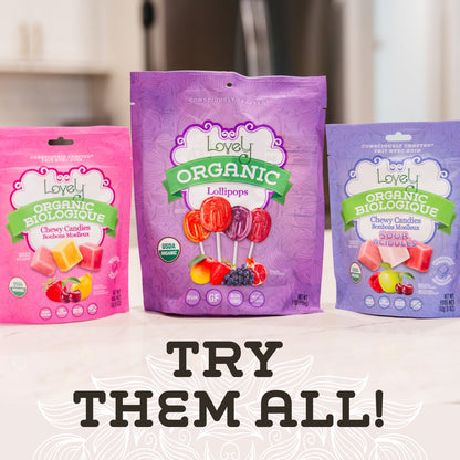 Organic sour chewy candies by Lovely Candy Company featuring colorful fruit-flavored fruit chews in bright packaging.