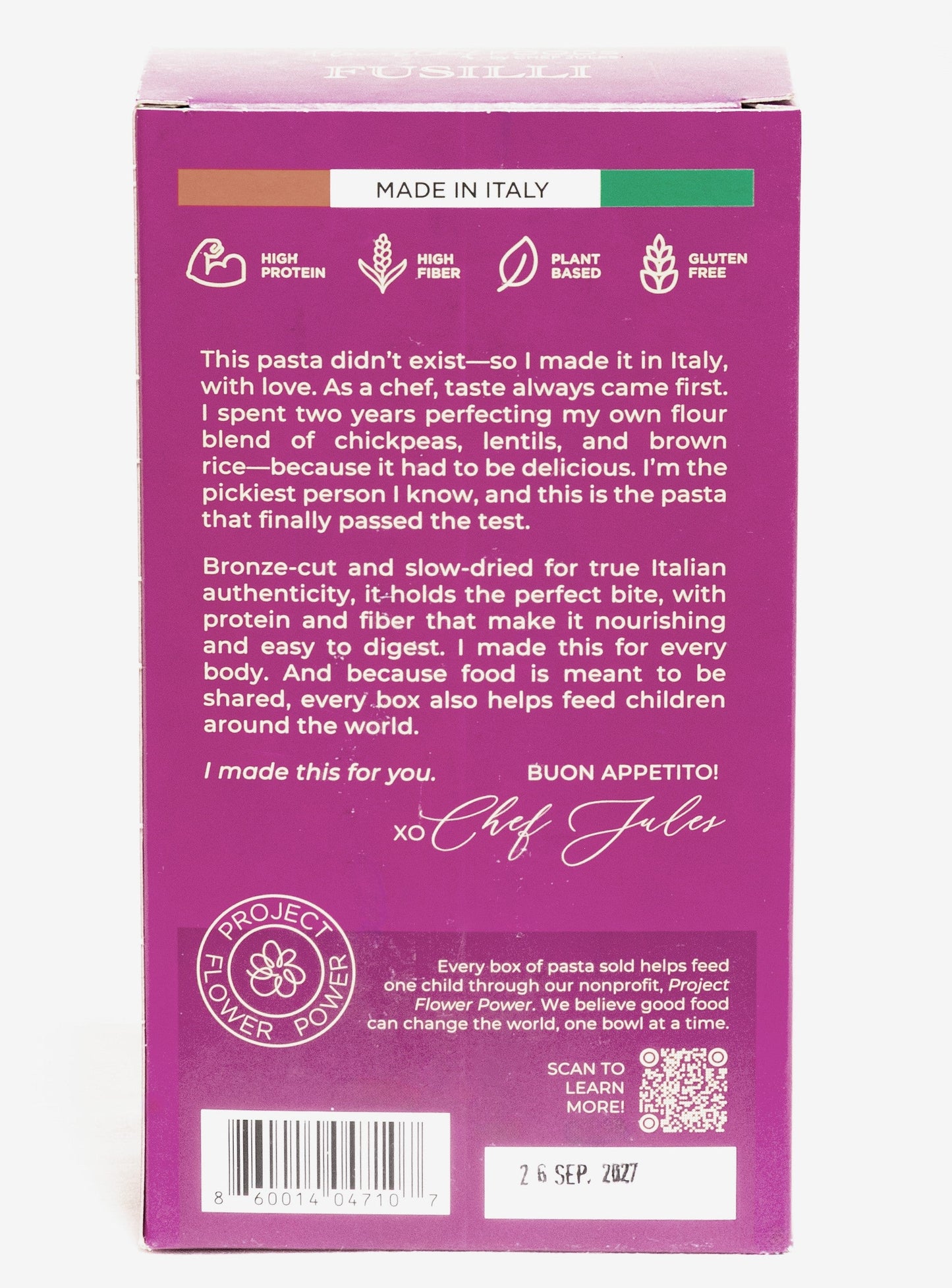 Back view of Flower Chef Foods gluten-free, high protein fusilli pasta pack of 3, showcasing the pasta's corkscrew shape in a clear bag.