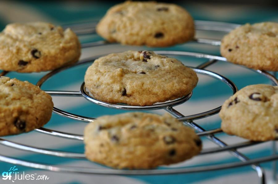 Gluten-free cookie mix by gfJules in a colorful package, ready for baking delicious gluten-free cookies.