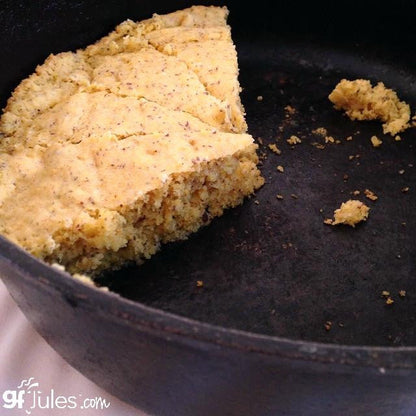 Box of gfJules gluten-free cornbread mix with baking instructions on the package, featuring a yellow and white design.