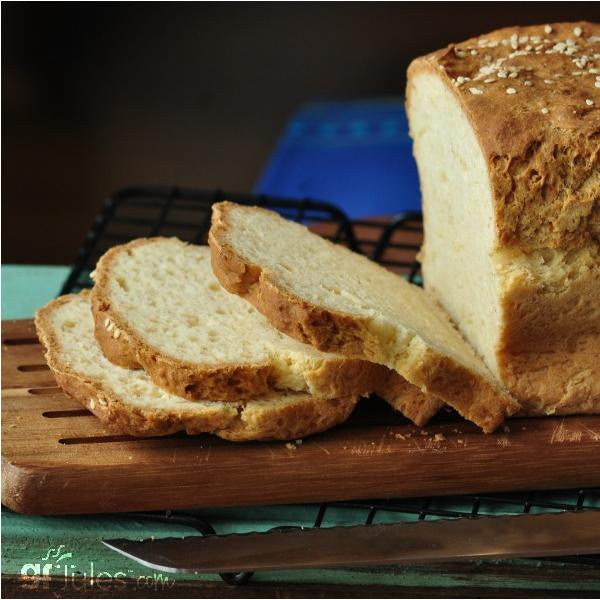 Gluten-free gfJules bread mix in a bag with baking instructions on the label, ready for baking.