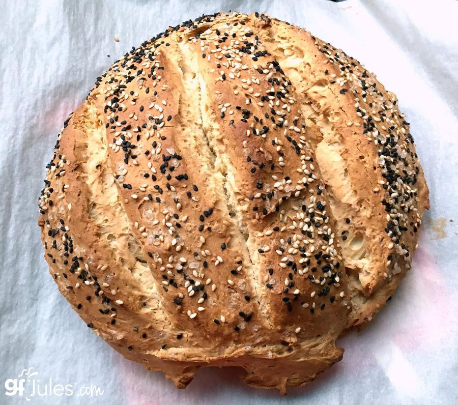 Gluten-free bread mix by gfJules, showing a bag of gfJules gluten free bread mix with baking instructions and ingredients.