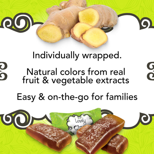 Close-up of Lovely Candy Company Ginger Chews showing the golden, chewy ginger candies in a clear wrapper.