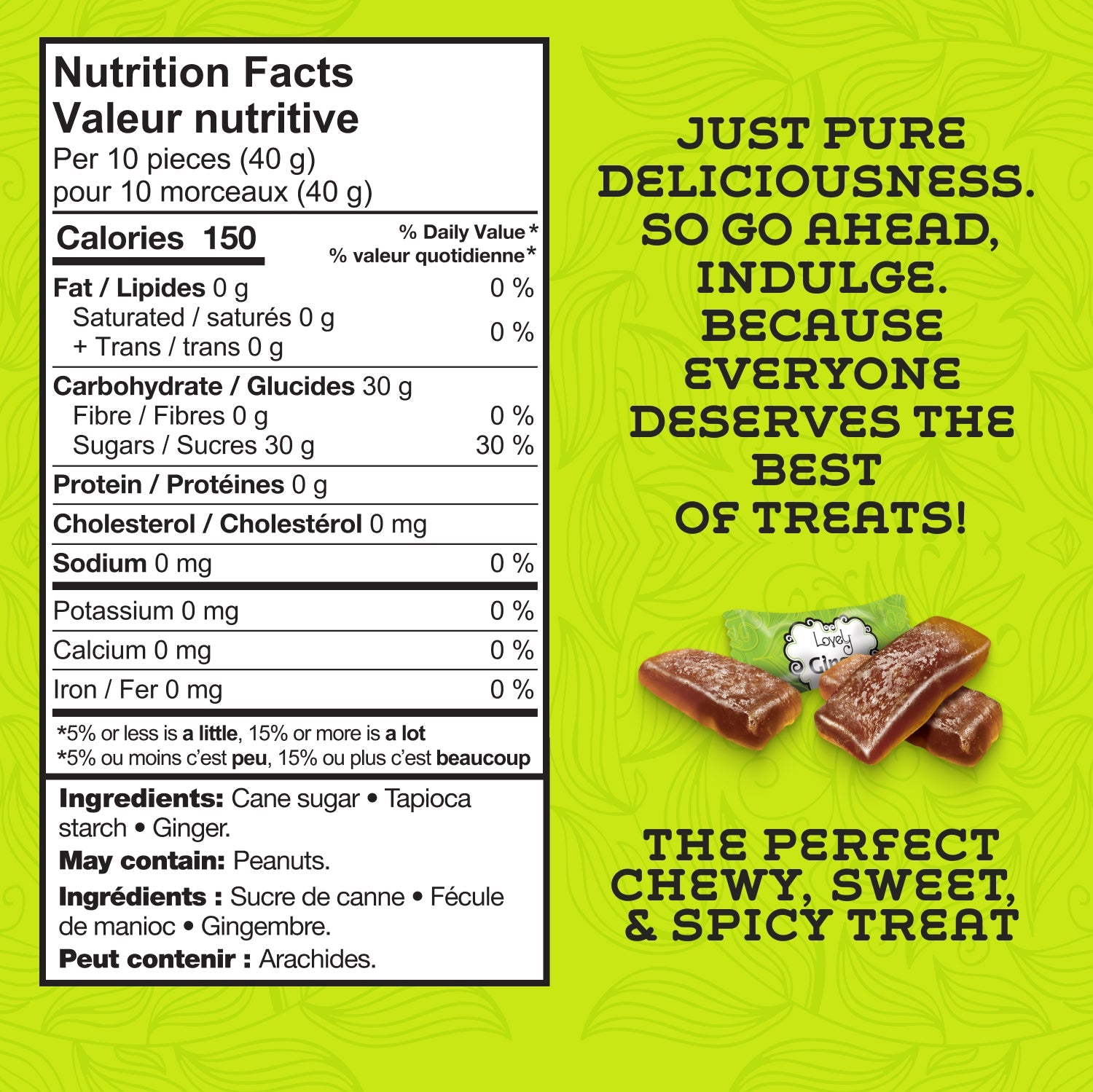 Sweet ginger chews from Lovely Candy Company, featuring chewy ginger pieces in a clear wrapper.
