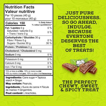 Sweet ginger chews from Lovely Candy Company, featuring chewy ginger pieces in a clear wrapper.