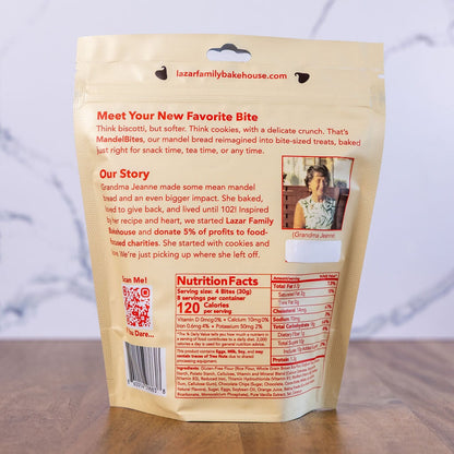 Gluten-free Lazar Family MandelBites bundle with chocolate chips, 8oz bag, showing baked MandelBites with chocolate chunks.