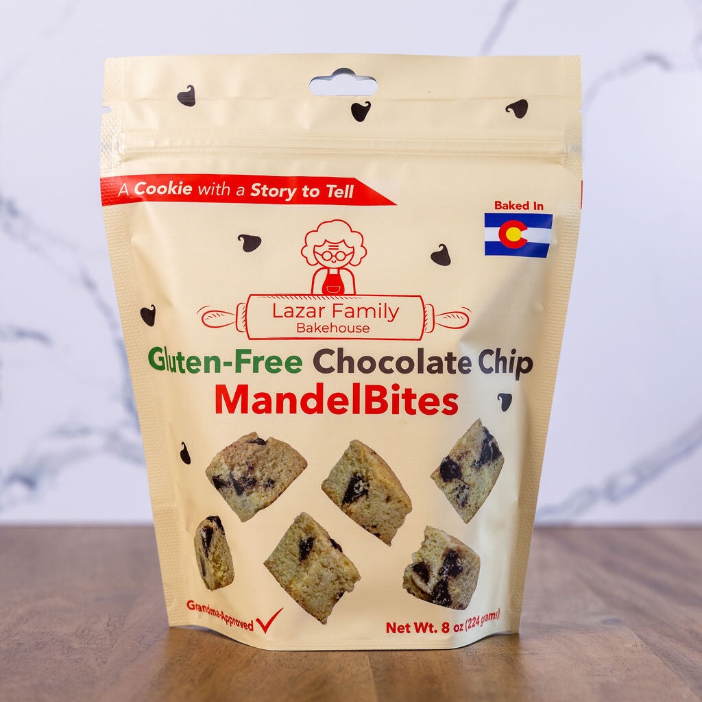 Gluten-free Lazar Family Bakehouse MandelBites bundle with chocolate chips, 8oz bag, showcasing the chocolate-chip MandelBites's front view.