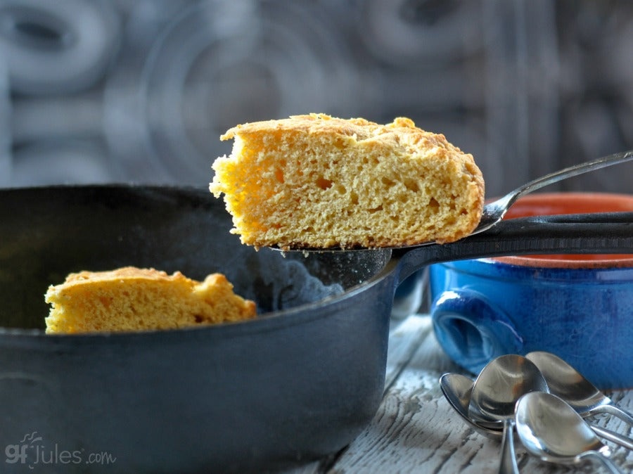 Golden gluten-free cornbread baked in a skillet, made with gfJules gluten-free cornbread mix, fresh and appetizing.