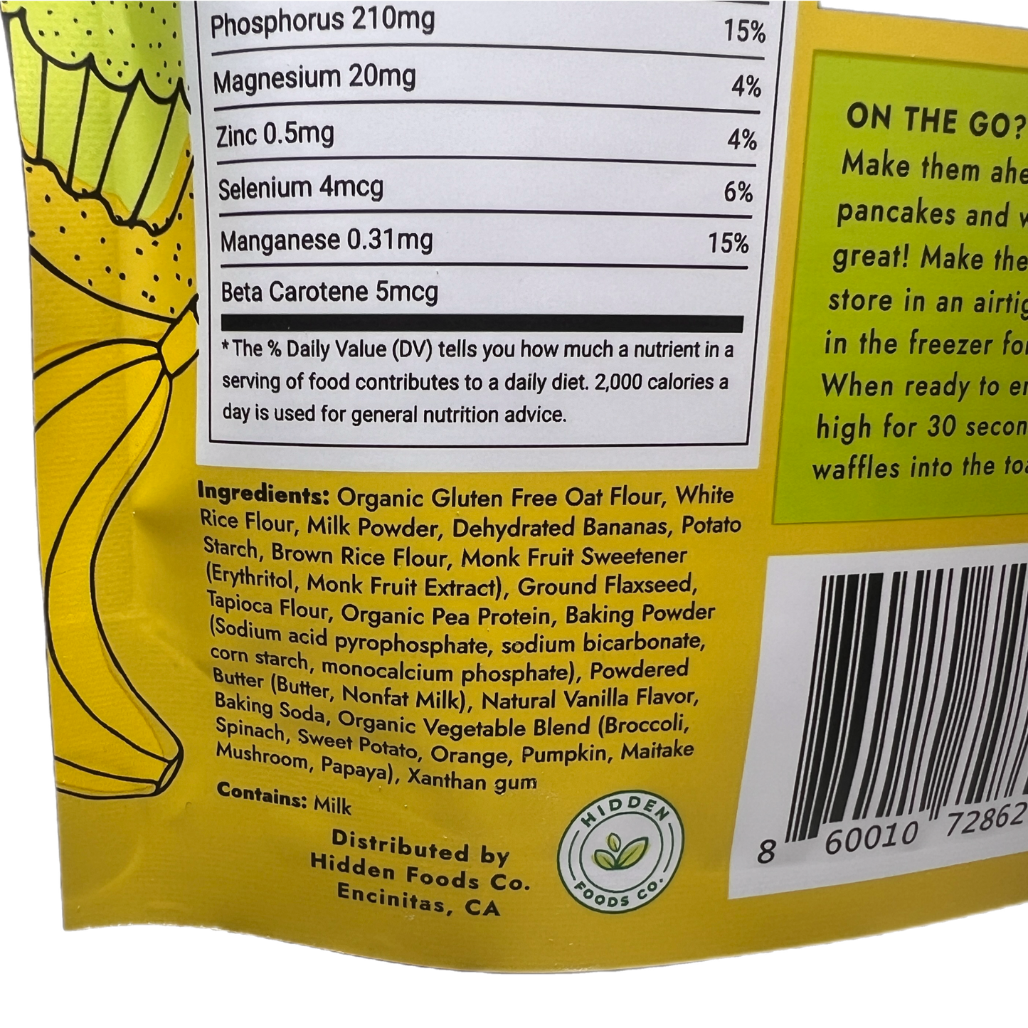 Ingredients for Hidden Foods Co. gluten-free homestyle pancake mix, including gluten-free flours and natural ingredients.