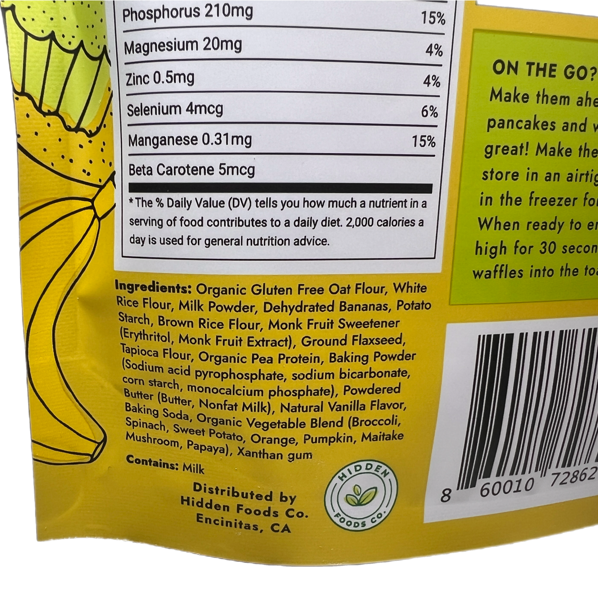 Ingredients for Hidden Foods Co. gluten-free homestyle pancake mix, including gluten-free flours and natural ingredients.