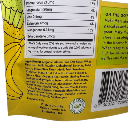 Ingredients for Hidden Foods Co. gluten-free homestyle pancake mix, including gluten-free flours and natural ingredients.
