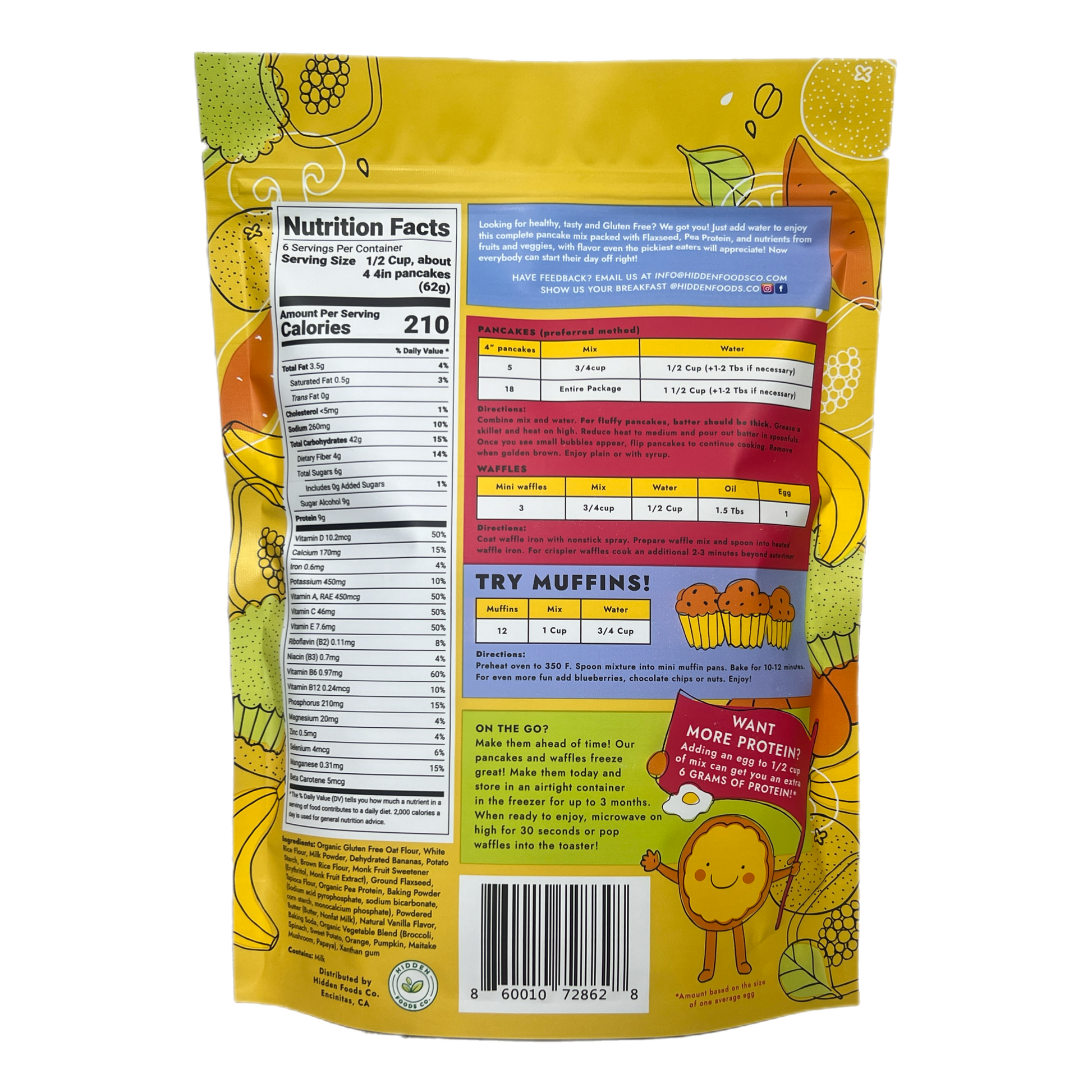 Backside of Hidden Foods Co. gluten-free homestyle pancake mix 2-pack package showing ingredients and nutritional information.