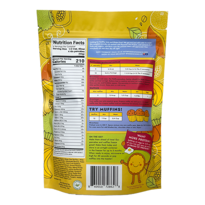 Backside of Hidden Foods Co. gluten-free homestyle pancake mix 2-pack package showing ingredients and nutritional information.