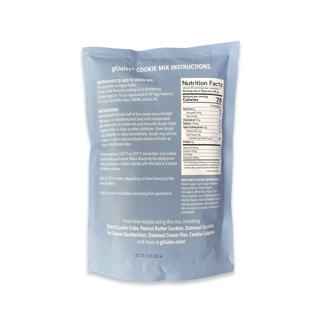 gfJules gluten-free cookie mix in a resealable bag with baking instructions and ingredients visible on the packaging.