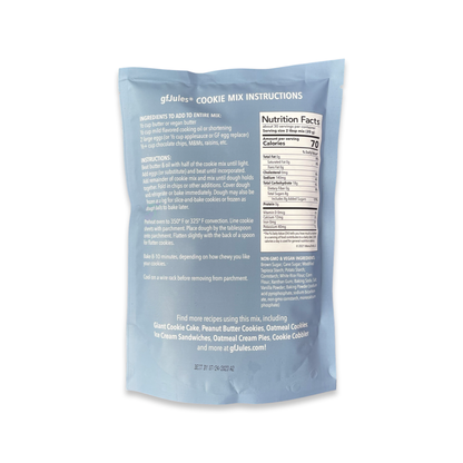 gfJules gluten-free cookie mix in a resealable bag with baking instructions and ingredients visible on the packaging.