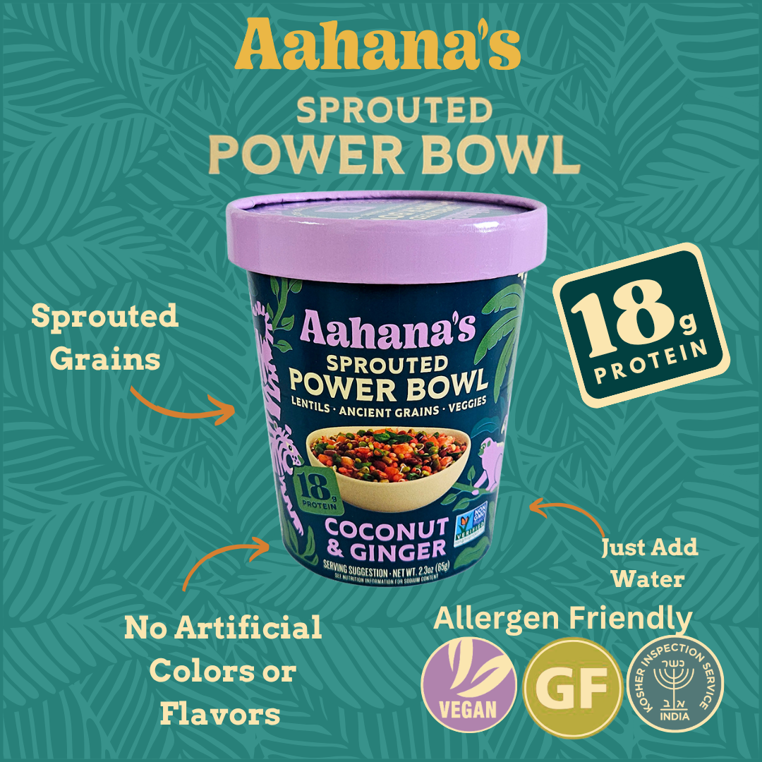 Infographic showcasing Aahana's Naturals Sprouted Power Bowl Variety Pack with coconut and ginger flavors and health benefits.