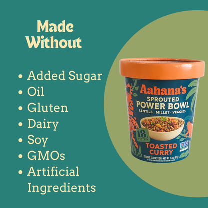 Infographic of Aahana's Naturals Sprouted Power Bowl Variety Pack featuring toasted curry flavor and healthy snack options.