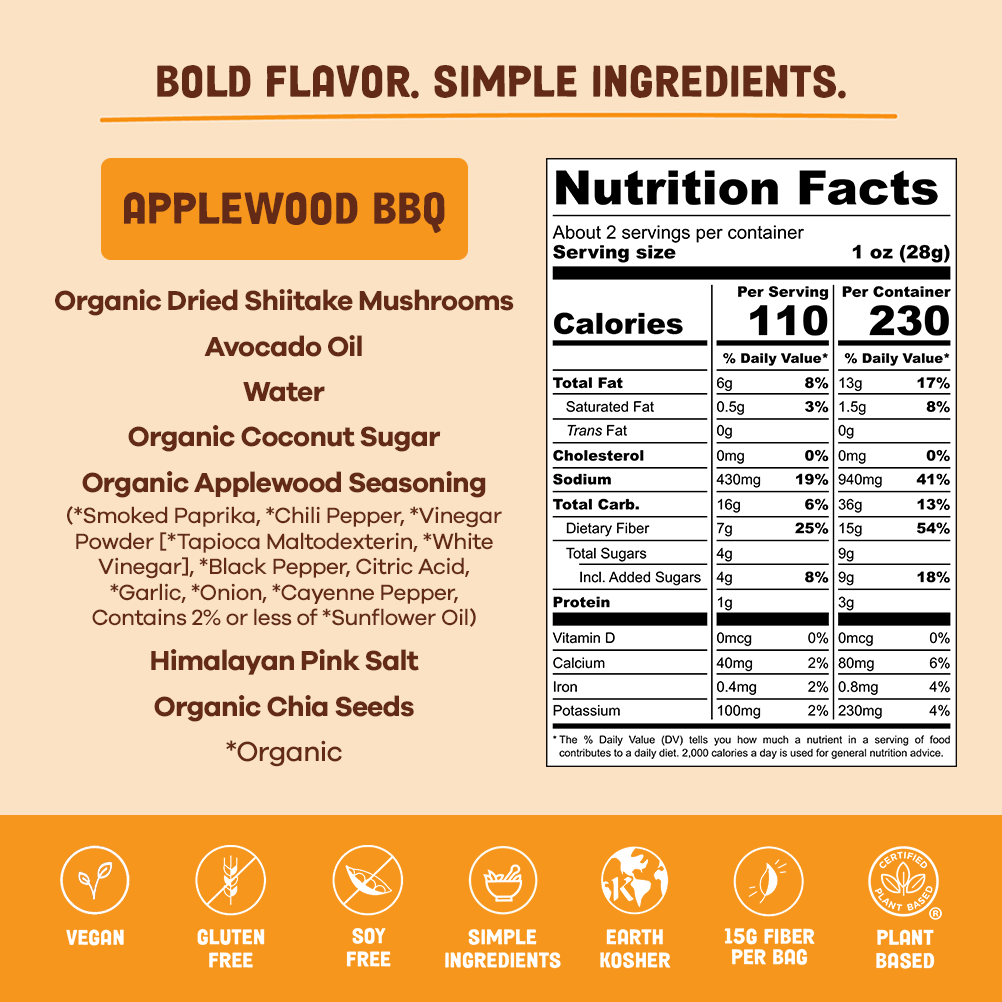 Organic BBQ mushroom jerky by Pan's Mushroom Jerky with applewood flavor, featuring close-up of the ingredient and nutrition cards.