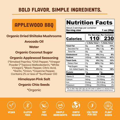 Organic BBQ mushroom jerky by Pan's Mushroom Jerky with applewood flavor, featuring close-up of the ingredient and nutrition cards.